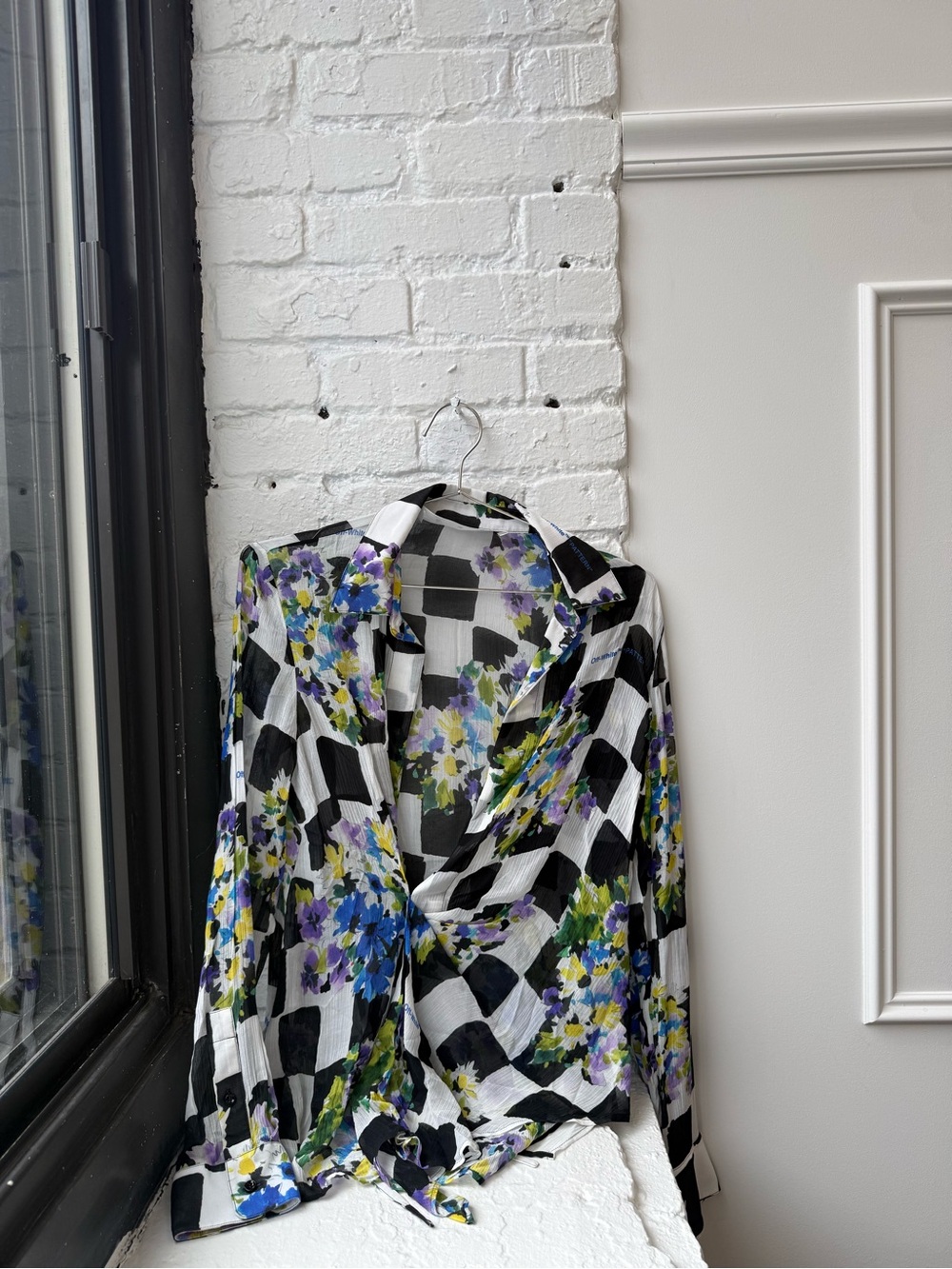Off-White Black & White Checkered Floral Button-Down Shirt